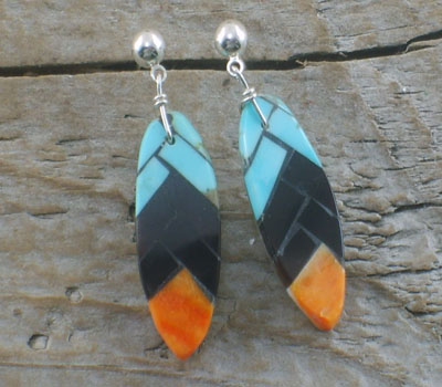 Native American Earring Mosaic Inlay Corn Dangle E